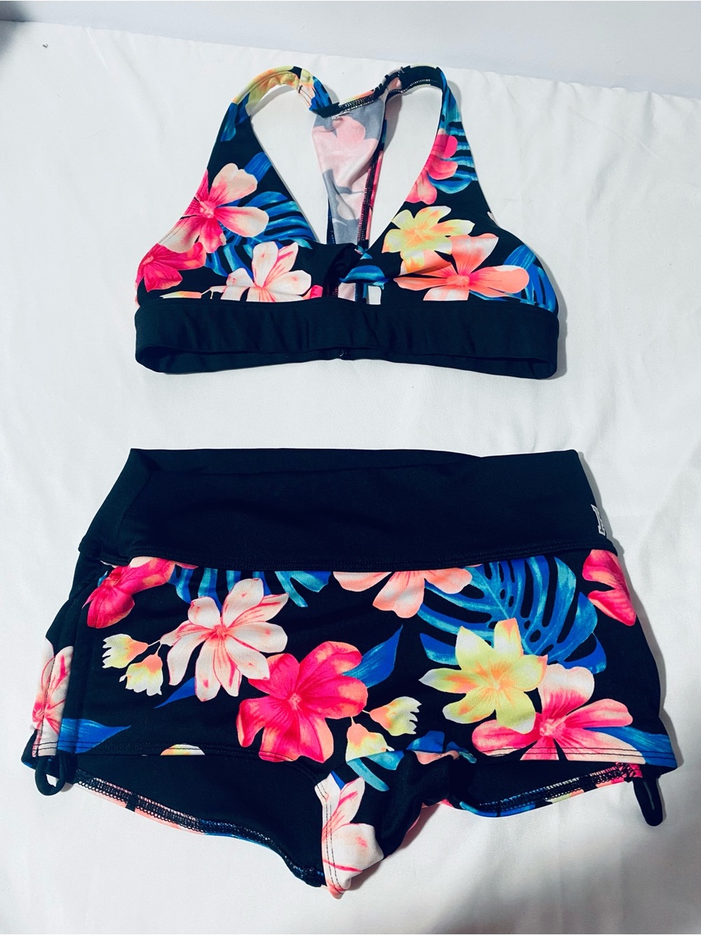 PINK Victoria's Secret Black Floral Bikini Set with Pink, Yellow, Blue Flowers
